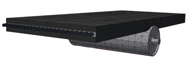Abbildung 1 : FEM-Modell eines Fördergurtes beim Überlaufen einer Tragrolle zur Berechnung des Eindrückrollwiderstandes